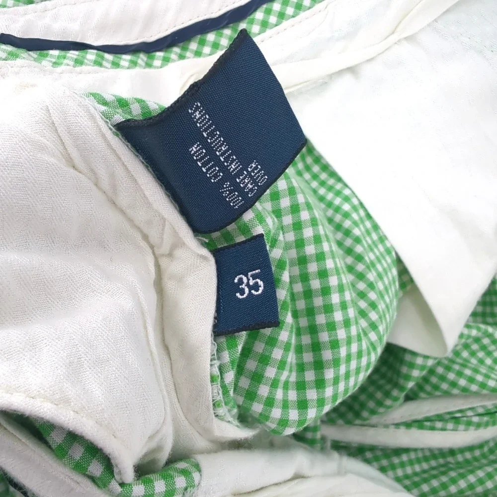 Polo Ralph Lauren Men's Green Gingham‎ Shorts Size 35 Flat Front Preppy Casual